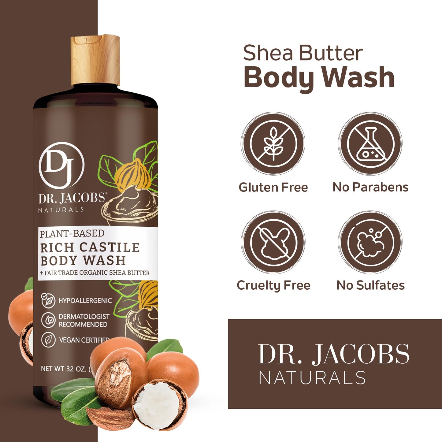 DR. JACOBS NATURALS Castile Shea Butter All-Natural Body Wash for Moisturizing Dry and Sensitive Skin Shampoo with Plant-Based Ingredients Gluten, Preservatives-Free Formula - 32 oz, Pack of 1