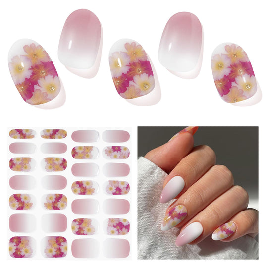 DUKASOU Semi Cured Gel Nail Strips, Spring Blossoms | 28pcs Work With Any UV Lamp, Stickers for Women Girls, Includes Prep Pads, File & Wood Stick