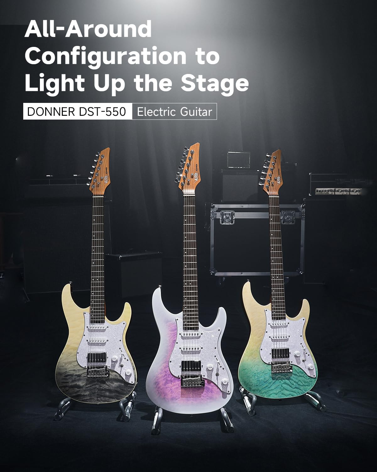 Donner 39 Inch Electric Guitar, DST-550 Color Gradient Poplar Body, Laurel Fretboard & Maple Veneer, 7 Tone Options, Tremolo Bridge, for Intermediate & Pro Players – Caribbean Shoreline Gradation