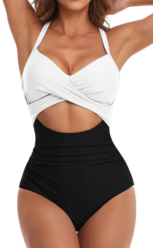 Eomenie Women's One Piece Swimsuits Tummy Control Cutout High Waisted Bathing Suit Wrap Tie Back 1 Piece Swimsuit Balck and White