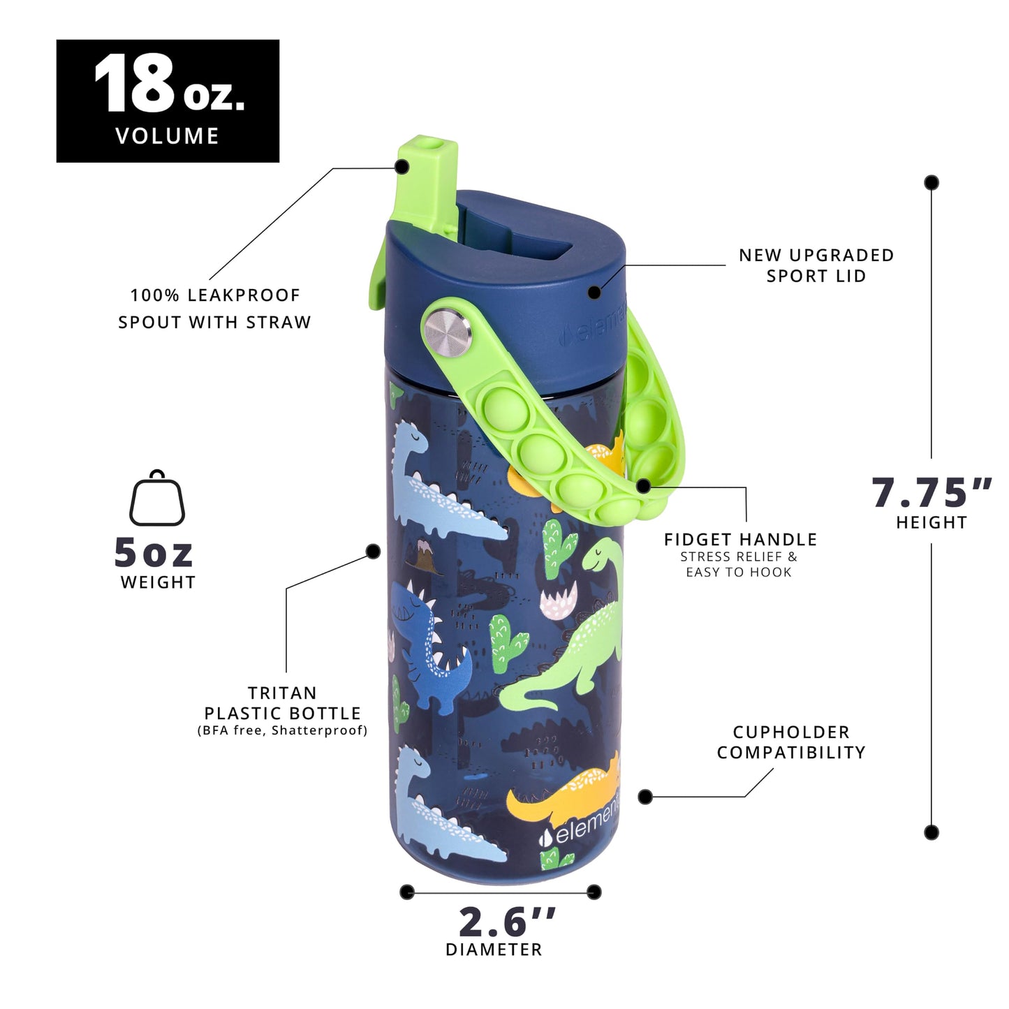 Elemental Leak Proof Water Bottles for Kids - Splash Kids Water Bottle for School with Fun Fidget Pop-it Handle - Tritan Plastic Water Bottle with Straw - Dinosaur & Green - 18oz (2 Pack)