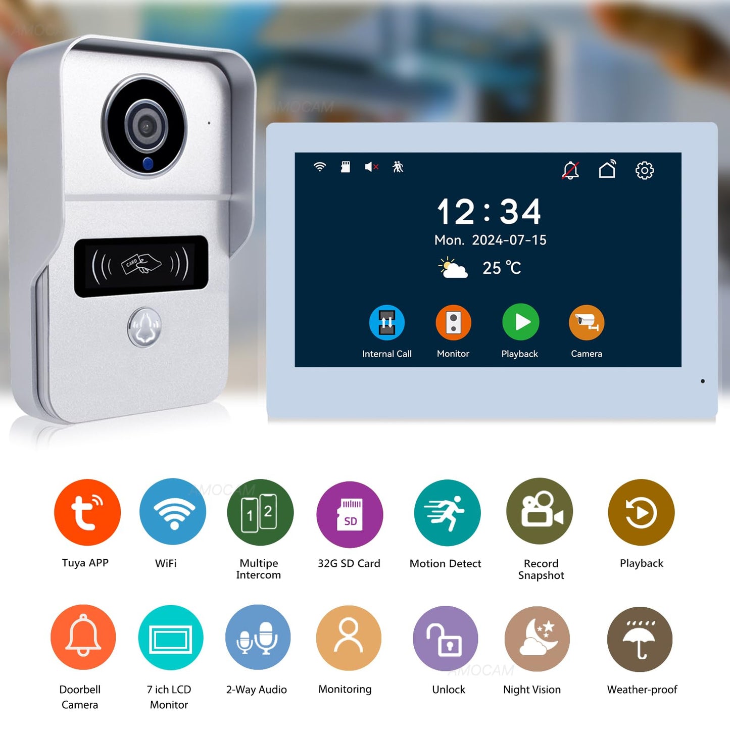 2-Wire Video Intercom System, 7 Inch 1080P Touchscreen WiFi Video Doorbell Door Phone System, No Monthly Fees, Snapshot, Monitoring Tuya App Card Unlock for Home Apartment (Monitor with WiFi)