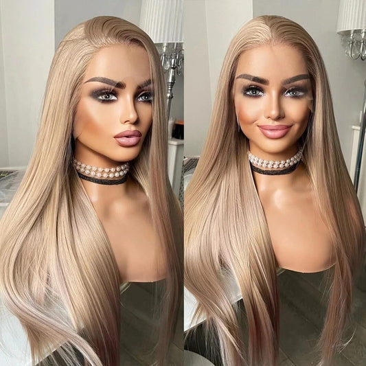ELESTY Blonde Straight Synthetic Lace Front Wigs for Women 13 * 4 Big Lace Free Part Ash Blonde Heat Resistant Fiber Hair Synthetic Wig Pre Plucked Natural Hairline Glueless Lace Wigs Daily Wigs