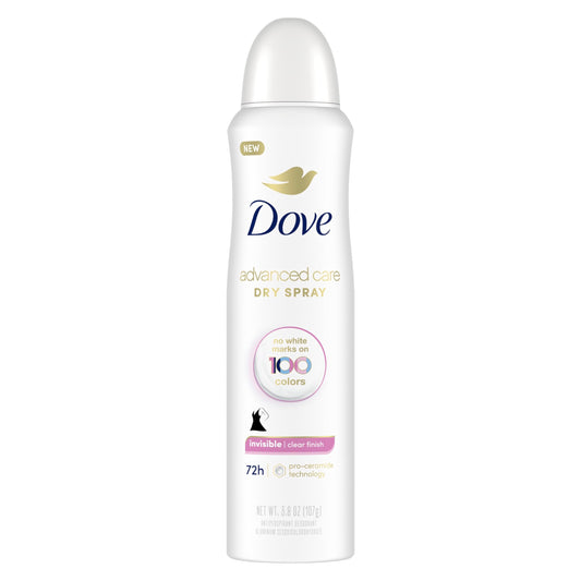 Dove Advanced Care Antiperspirant Deodorant Spray Clear Finish Invisible antiperspirant deodorant tested on 100 colors 72-hour odor and sweat protection with Pro-Ceramide technology 3.8 oz