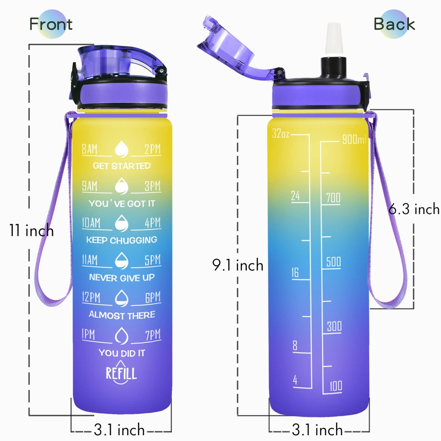 Enerbone 32 oz Water Bottle, Leakproof BPA & Toxic Free, Motivational Water Bottle with Times to Drink and Straw, Fitness Sports Water Bottle with Strap for Office, Gym, Outdoor Sports