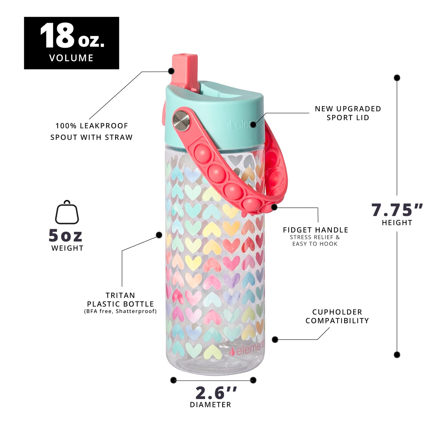 Elemental Leak Proof Water Bottles for Kids - Splash Kids Water Bottle for School with Fun Fidget Pop-it Handle - BPA Free Tritan Plastic Reusable Water Bottle with Straw - Rainbow Heart - 18oz