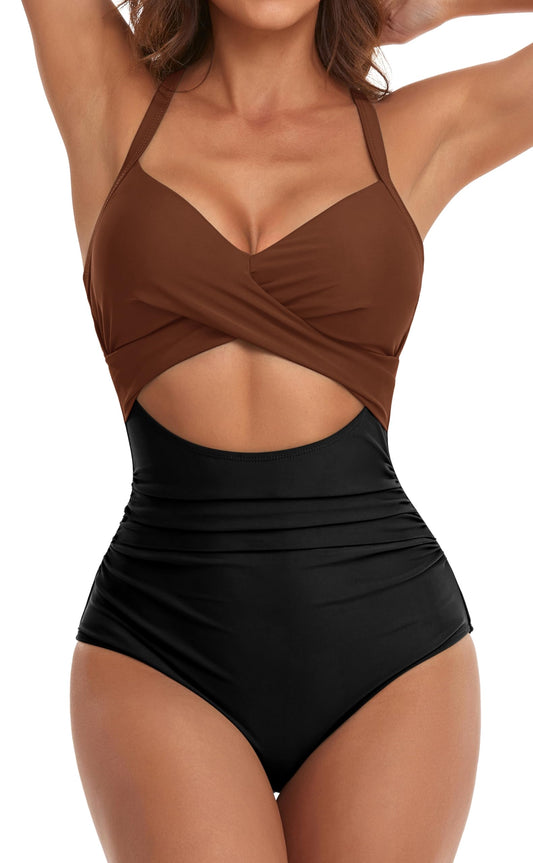 Eomenie Women's One Piece Swimsuits Tummy Control Cutout High Waisted Bathing Suit Wrap Tie Back 1 Piece Swimsuit Caramel, Black