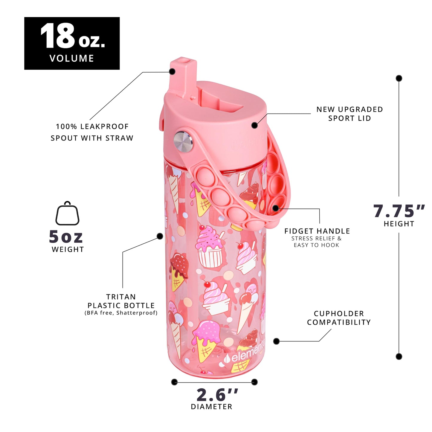 Elemental Leak Proof Water Bottles for Kids - Splash Kids Water Bottle for School with Fun Fidget Pop-it Handle - BPA Free Tritan Plastic Reusable Water Bottle with Straw - Ice Cream - 18oz