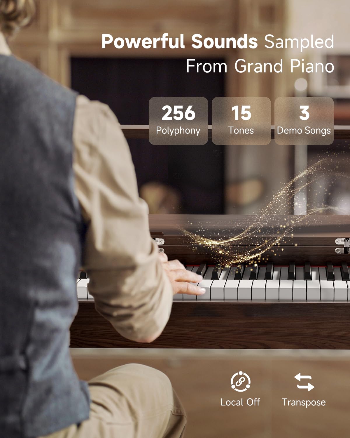 Donner OURA R300 88 Key Weighted Keyboard Piano for Advanced, Home Digital Piano with 88 Keys Graded Hammer Standard Keyborad, Bluetooth, LOCAL OFF, 2*15W, Half-pedal, 256 Polyphony, Walnut Wood Color