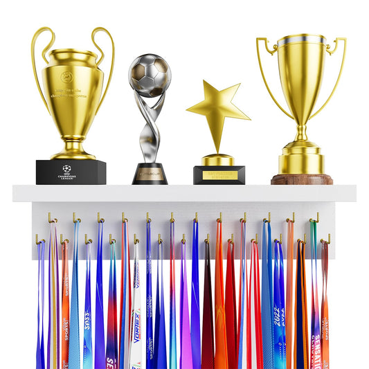 DSVENROLY Medal Holder Display Trophy Shelf Organizer,Sturdy Wooden Medal Trophy Hanger Rack with 25 Steel Hooks, Wall Mount Medal Hanger for Race Medals Trophies Easy to Install White Golden Hooks