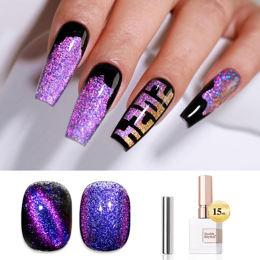 Double Rhythm Jelly Glass Cat Eye Gel Polish with Magnet 15ML Holographic Glitter Shimmer Translucent Sheer Color Magnetic Nail Polish Salon DIY at Home (Purple Blue-MC1074)