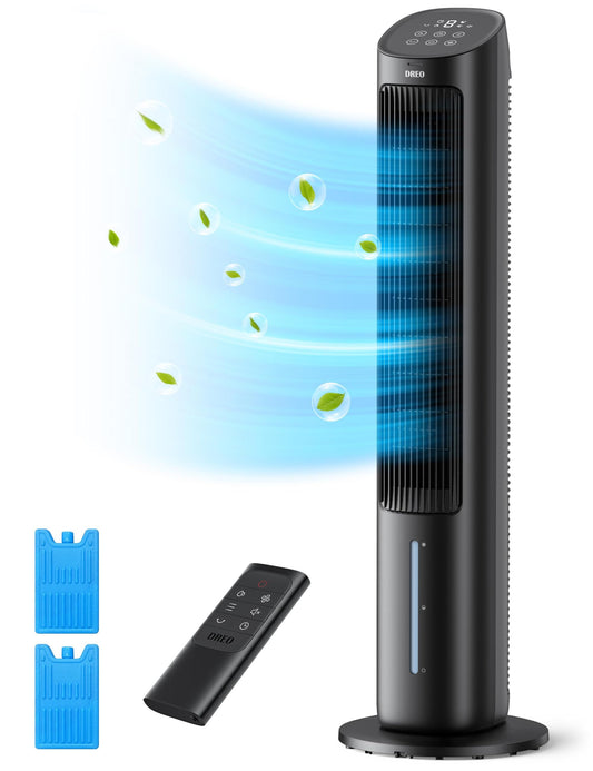 Dreo Tower Fan, 40” Fans that Blow Cold Air, 80° Oscillating, Removable Water Tank, Remote Control, 4 Speeds, 7H Timer, Bedroom, Black