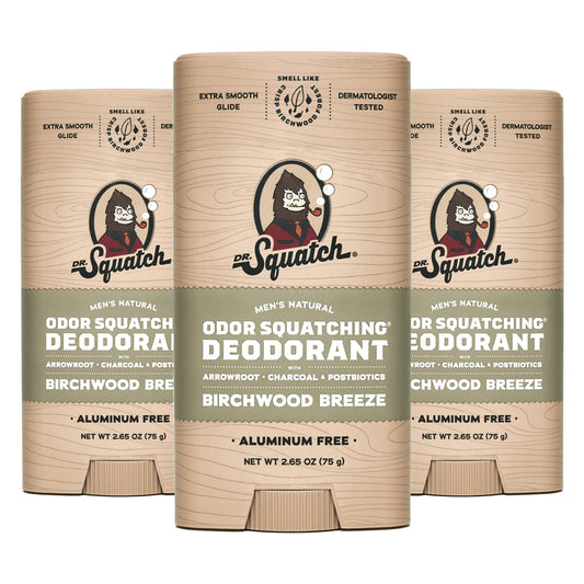 Dr. Squatch Natural Deodorant for Men 3 Pack Birchwood Breeze – Odor-Squatching Men's Deodorant Aluminum Free (2.65 oz, 3 Pack)