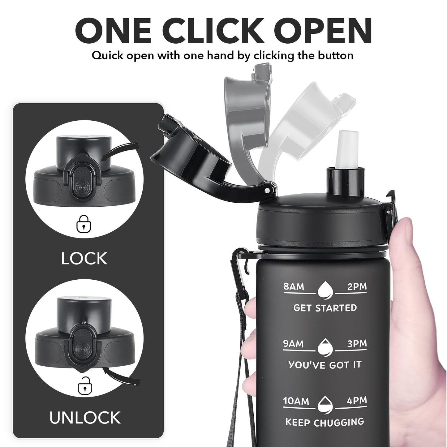 Enerbone 24 oz Water Bottle, Leakproof BPA & Toxic Free, Motivational Water Bottle with Times to Drink and Straw, Fitness Sports Water Bottle with Strap for Office, Gym, Outdoor Sports