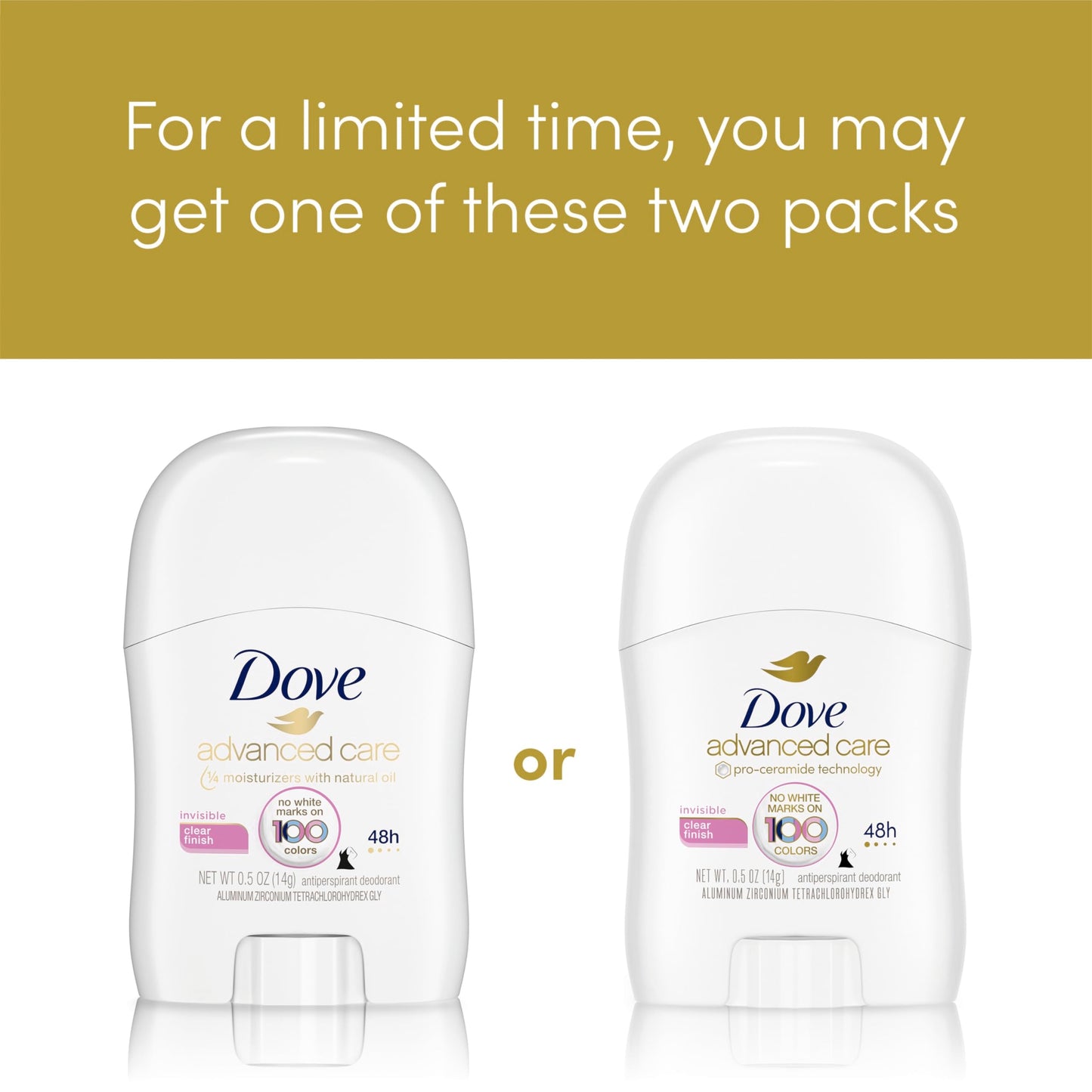 Dove Advanced Care Antiperspirant Deodorant Stick Clear Finish Pack of 36 doesn’t stain clothes 72-hour odor control and all-day sweat protection with Pro-Ceramide Technology 0.5 oz