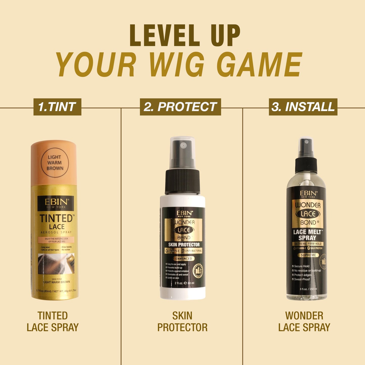 EBIN NEW YORK Tinted Lace Spray - Light Beige 2.7oz/80ml, Quick Dry, Water Resistant, No Residue, High Pigmentation, Even Spray, Matching Skin Tone, Natural Look for Wig