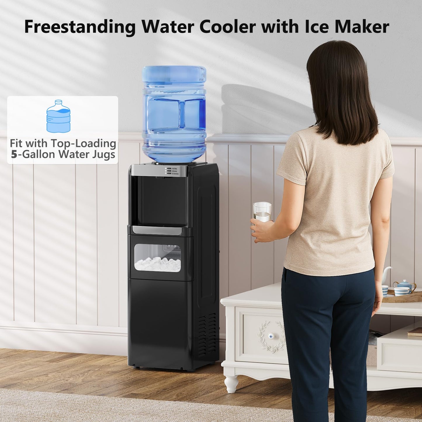 Electactic Water Dispenser with Ice Maker Function, Top Loading Hot and Cold Water Cooler for 5 Gallon Bottle - Includes Child Safety Lock - Water Machine for Home, Office, Garage - Black