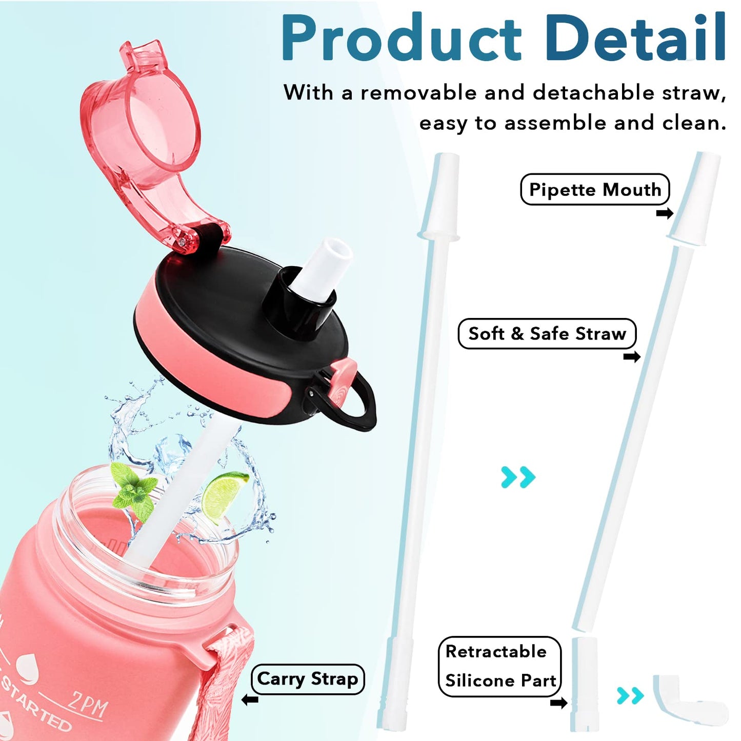 Enerbone 32 oz Water Bottle, Leakproof BPA & Toxic Free, Motivational Water Bottle with Times to Drink and Straw, Fitness Sports Water Bottle with Strap for Office, Gym, Outdoor Sports, Pink-Blue
