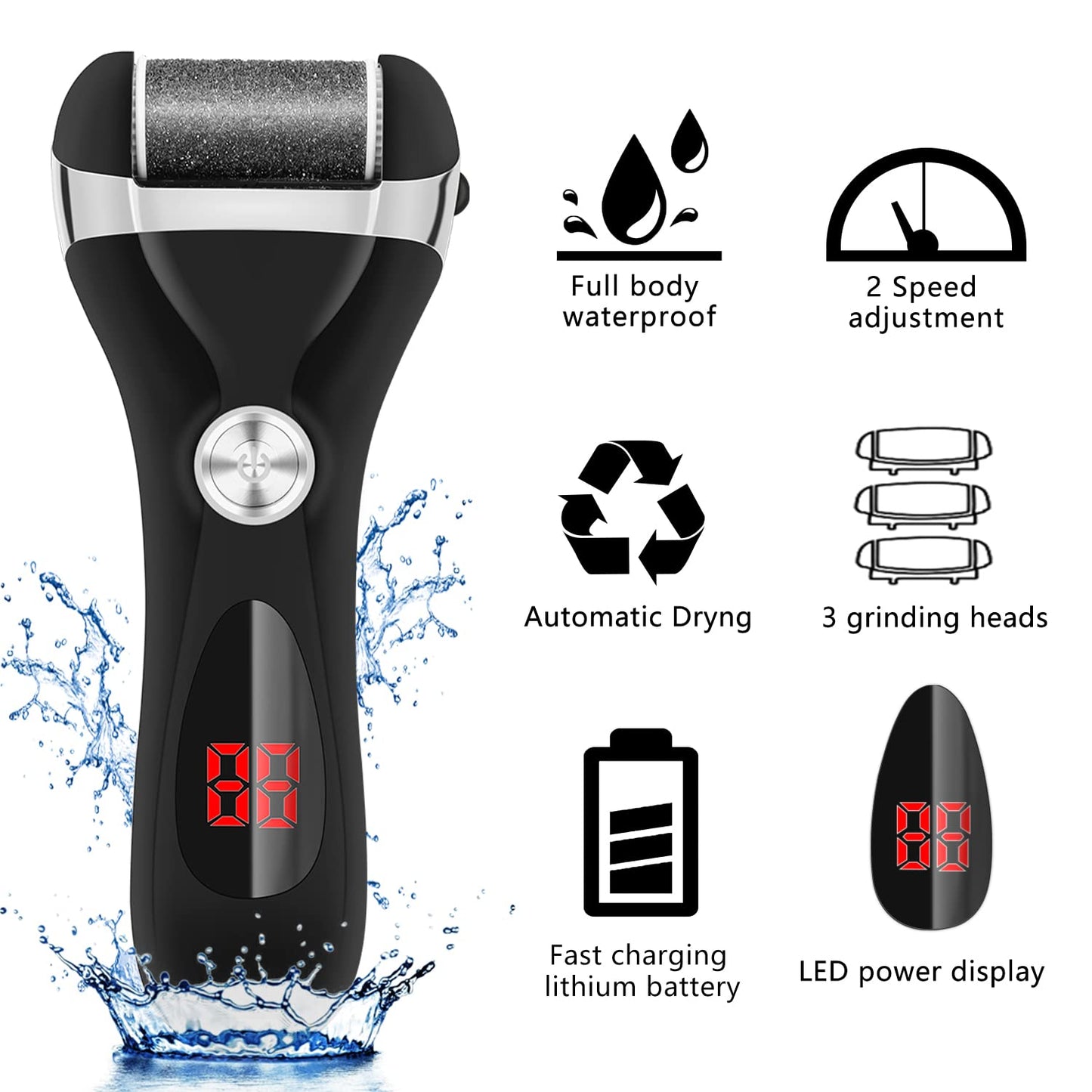 Electric Foot Callus Remover Kit, Elmchee Rechargeable Pedicure Tools Foot Care Feet File with 3 Roller Heads,2 Speed,Battery Display for Remove Cracked Heels Calluses and Dead Skin(Black)