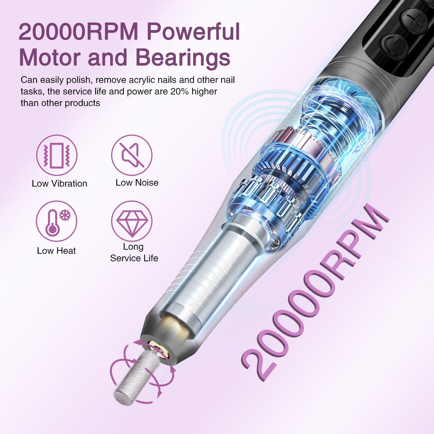 Electric Cordless Nail Drill File: LED Display Professional Portable Nail Drill for Acrylic Gel Dip Powder Nails Manicure Pedicure Kit Tool with Nail Drill Bits Sanding Bands, Grey