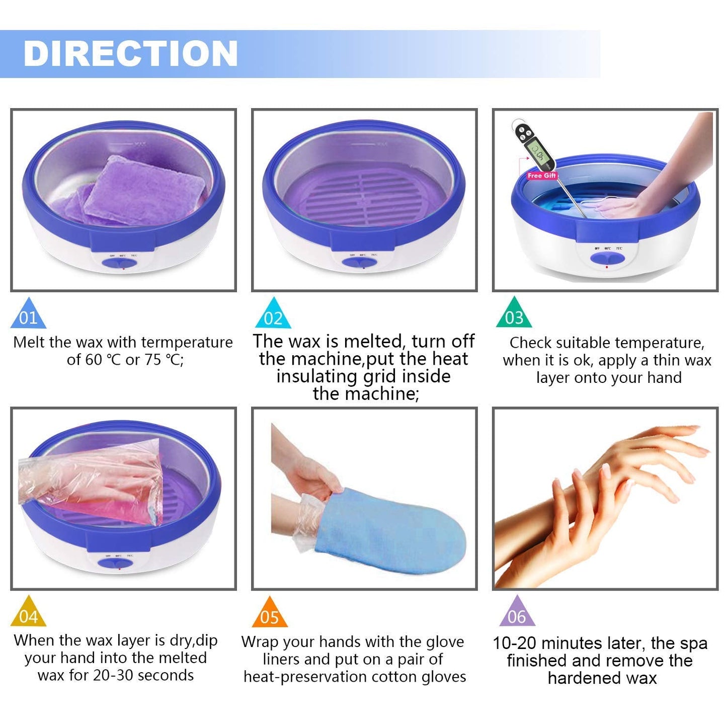 Ejiubas Paraffin Wax Machine - Quick Heating Paraffin Wax Warmer Moisturizing Kit with 2.2 lb Paraffin Wax 2 Thermal Mitts Botties 200 Gloves Liners for Hand and Feet Praffin Bath Blue 2500ml