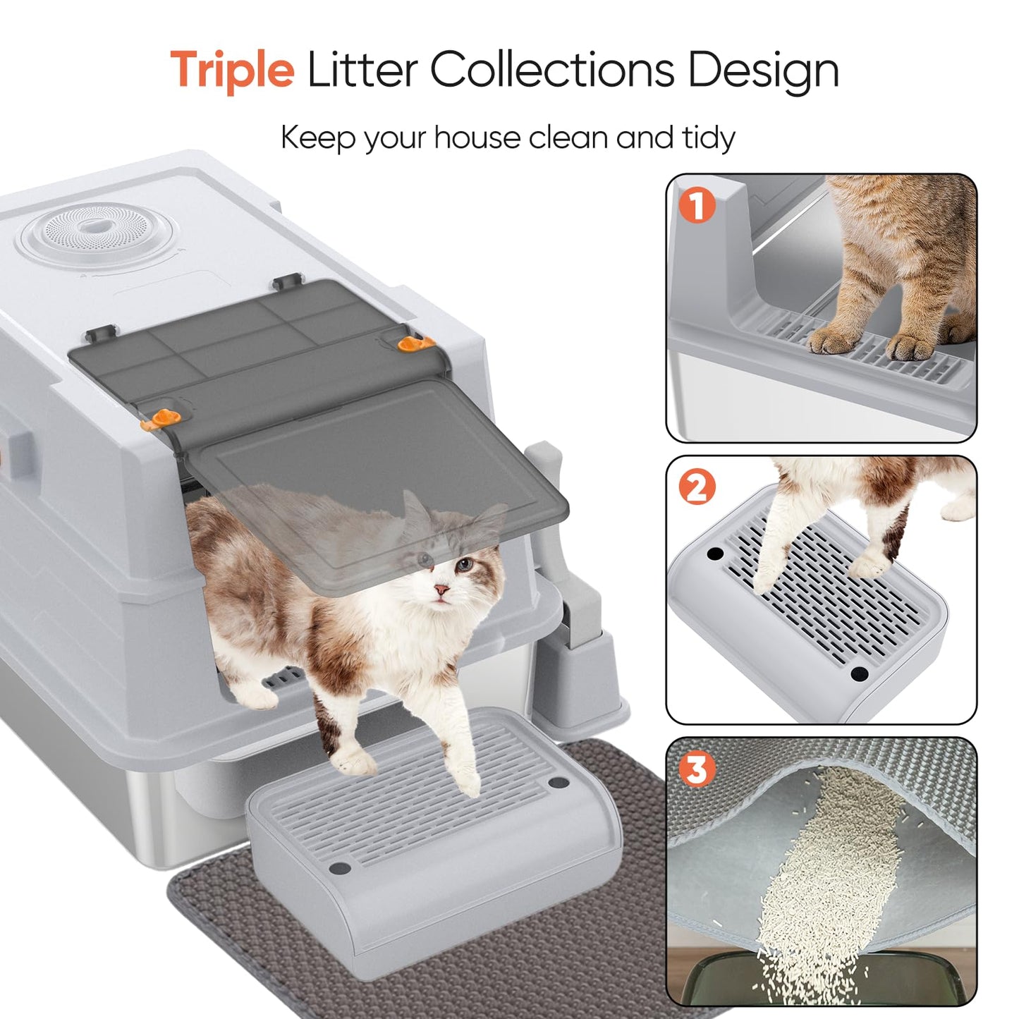 ELEGX XXXL Extra Large 28" L×20" W Odor-Control Stainless Steel Cat Litter Box, 4-in-1 Cat Metal Litter Box Set,Enclosed Removable Metal Litter Box with High Sided Enclosure,Mat & Scoop