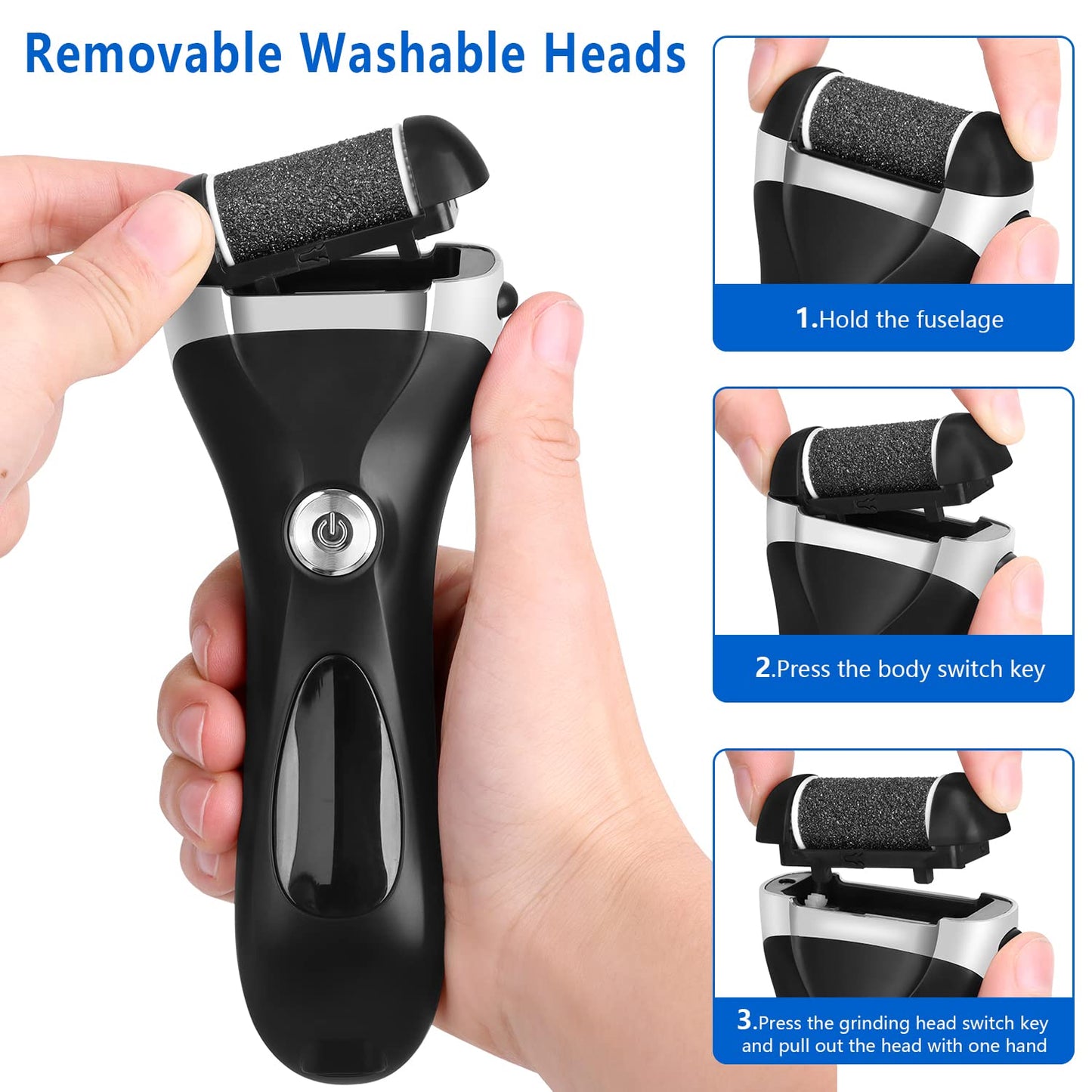 Electric Foot Callus Remover Kit, Elmchee Rechargeable Pedicure Tools Foot Care Feet File with 3 Roller Heads,2 Speed,Battery Display for Remove Cracked Heels Calluses and Dead Skin(Black)