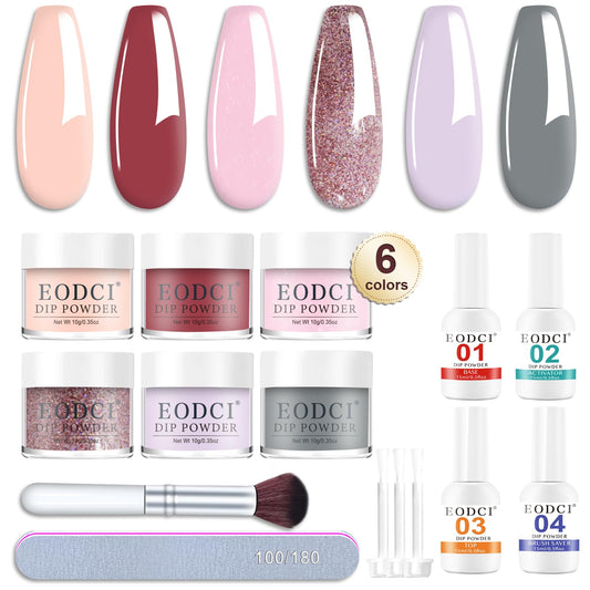 Eodci Dip Powder Nail Set, 6 Colors Nude Series 12 Pcs Dipping Powder Kit With Base & Top Coat/Activator/Brush Saver,Nail Art Dip Manicure Kits Odor-Free&Long-Lasting, No Needed Nail Lamp Curing