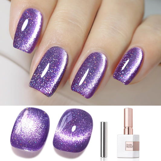 Double Rhythm Jelly Glass Cat Eye Gel Polish with Magnet 15ML Holographic Glitter Shimmer Translucent Sheer Color Magnetic Nail Polish Salon DIY at Home (Dark Purple-MC1066)