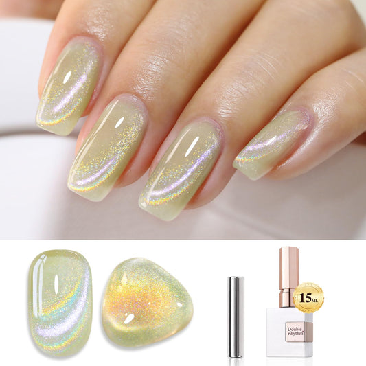 Double Rhythm Jelly Glass Cat Eye Gel Polish with Magnet 15ML Holographic Glitter Shimmer Translucent Sheer Color Magnetic Nail Polish Salon DIY at Home (Rainbow Yellow-MC1094)