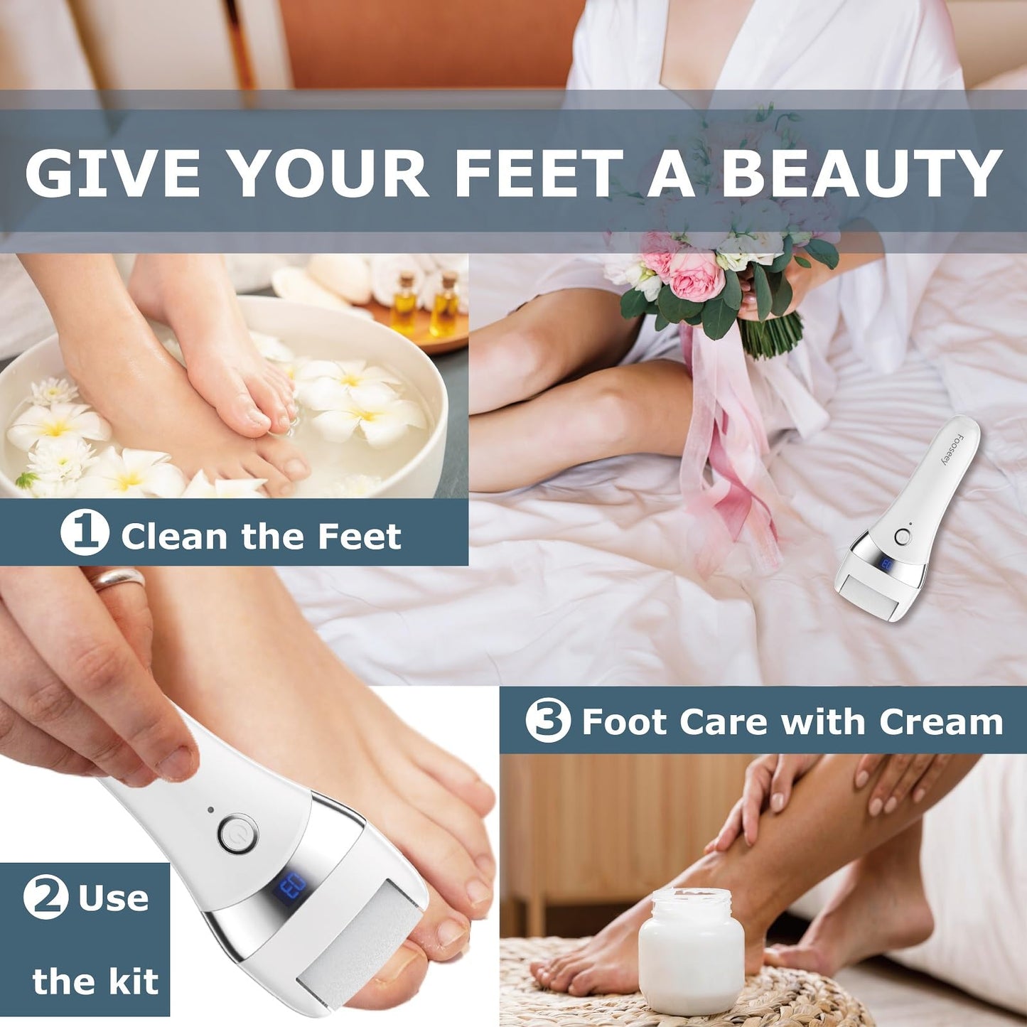 Electric Foot Callues Remover - FSA&HSA Eligible, Portable Electric Foot Files with 3 Heads, Rechargeable Feet File for Foot Care, Waterproof Deadskin Remover, Pedicure Tool for Dry and Crack Feet
