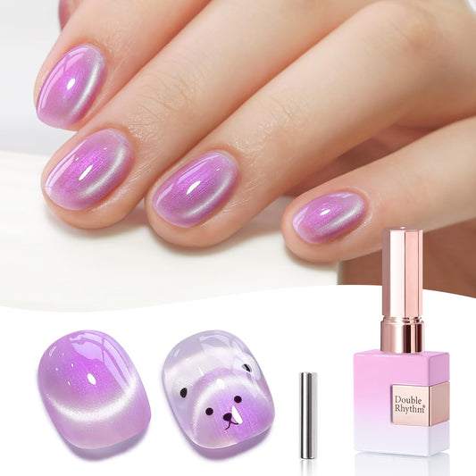 Double Rhythm 15ML Glass Cat Eye Gel Polish with Magnet Same Color Same Bottle Holographic Glitter Shimmer Salon Soak Off Magnetic Nail at Home (Mermaid Purple-MC1173)