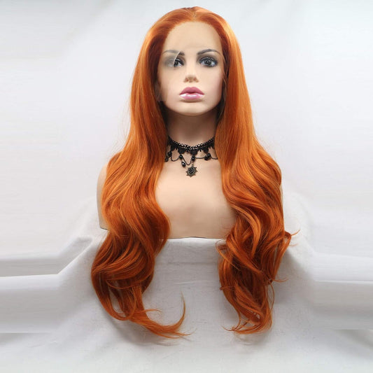 ELESTY Orange Color Synthetic Lace Front Wigs Free Part Long Wavy Synthetic Glueless Half Hand Tied Lace Wigs For Women 24Inch