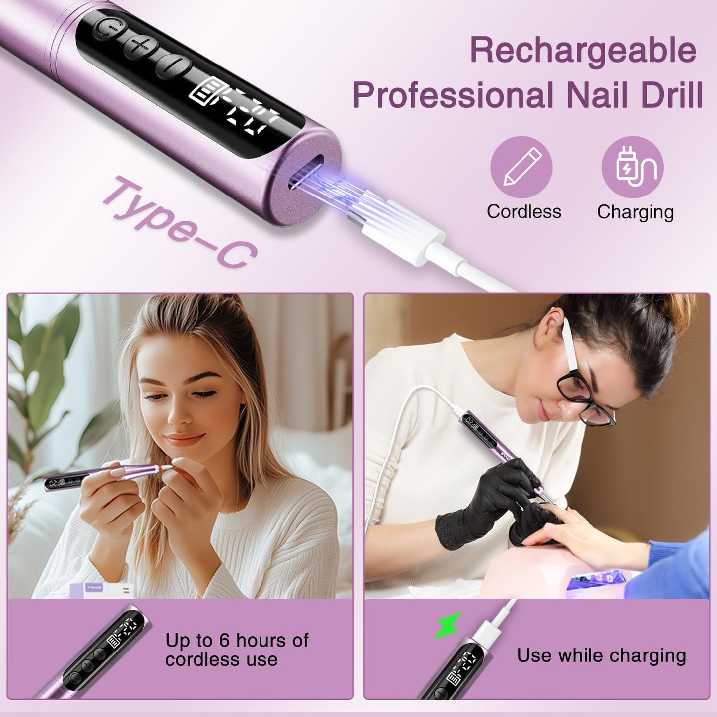 Electric Cordless Nail Drill File: LED Display Professional Portable Nail Drill for Acrylic Gel Dip Powder Nails Manicure Pedicure Kit Tool with Nail Drill Bits Sanding Bands, Purple