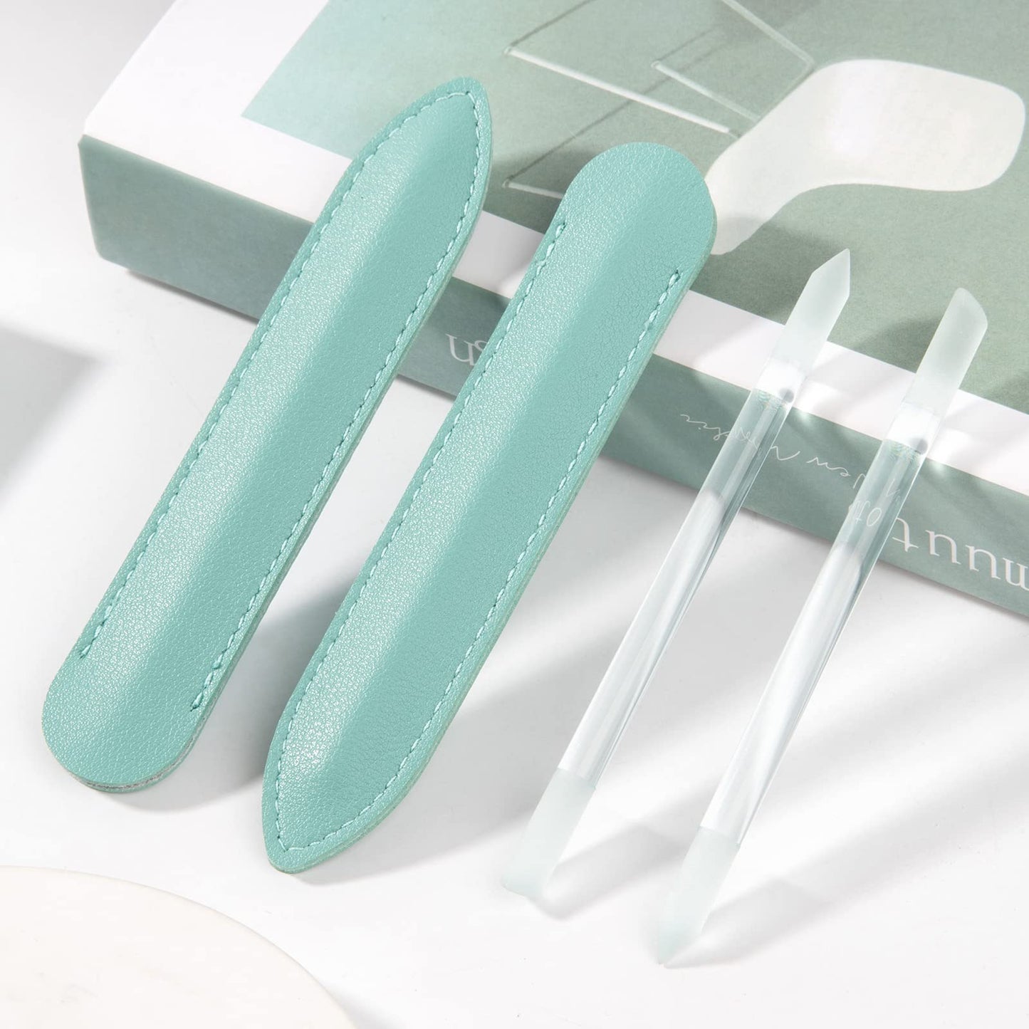 2 Pcs Glass Cuticle Pusher with Leather Case, Glass Cuticle Stick Fingertip Precision Filing Cuticle Remover Etched Dual-Ended Manicure Stick