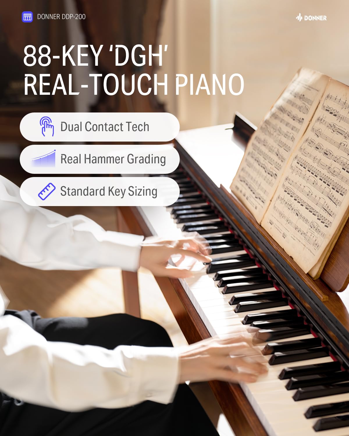 Donner Digital Piano with 88 Key Dynamic Graded Hammer Action Weighted Keyboard Piano, DDP-200 Upright Digital Piano for Professional with LCD Screen/5 Reverb/BT MIDI/Three Pedal