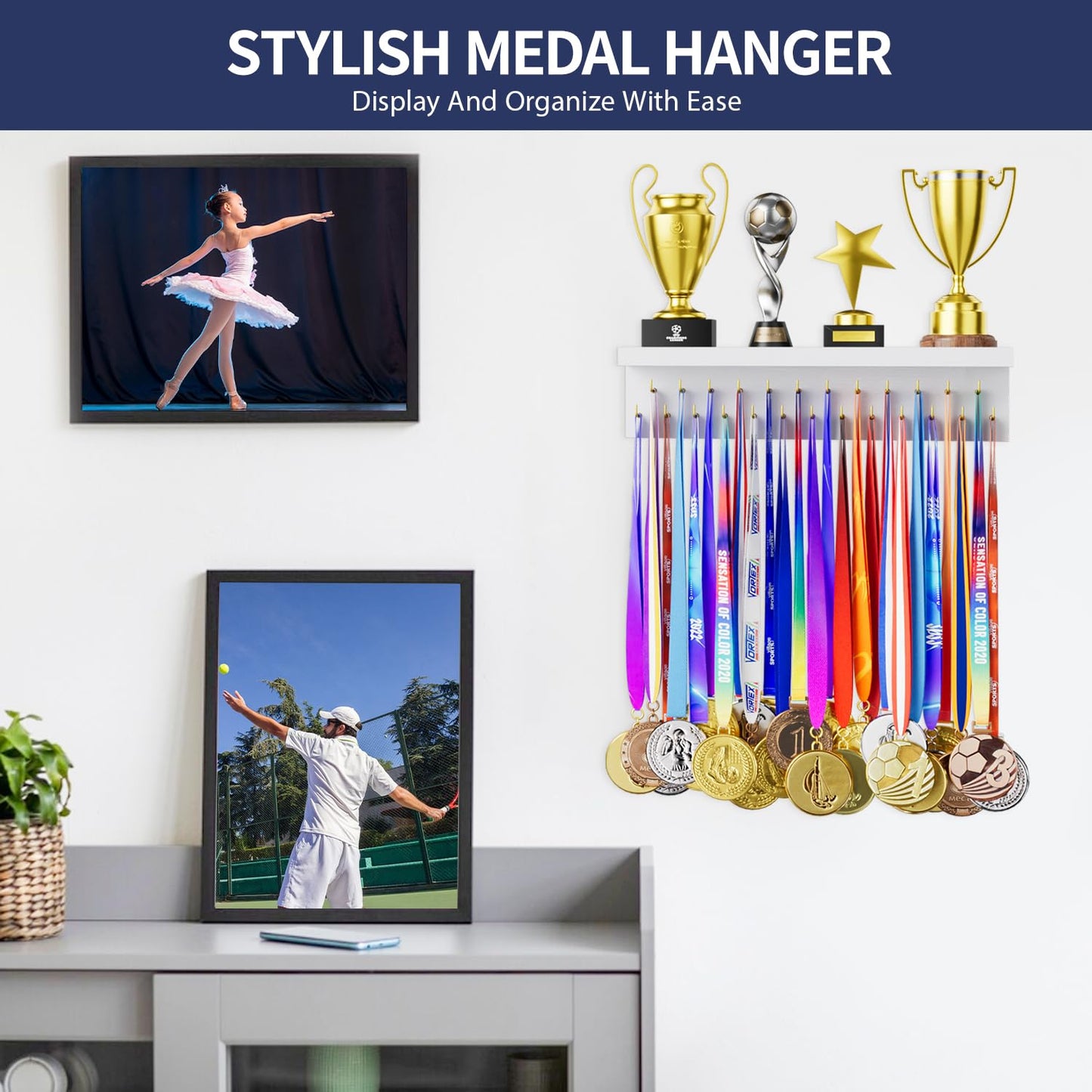 DSVENROLY Medal Holder Display Trophy Shelf Organizer,Sturdy Wooden Medal Trophy Hanger Rack with 25 Steel Hooks, Wall Mount Medal Hanger for Race Medals Trophies Easy to Install White Golden Hooks