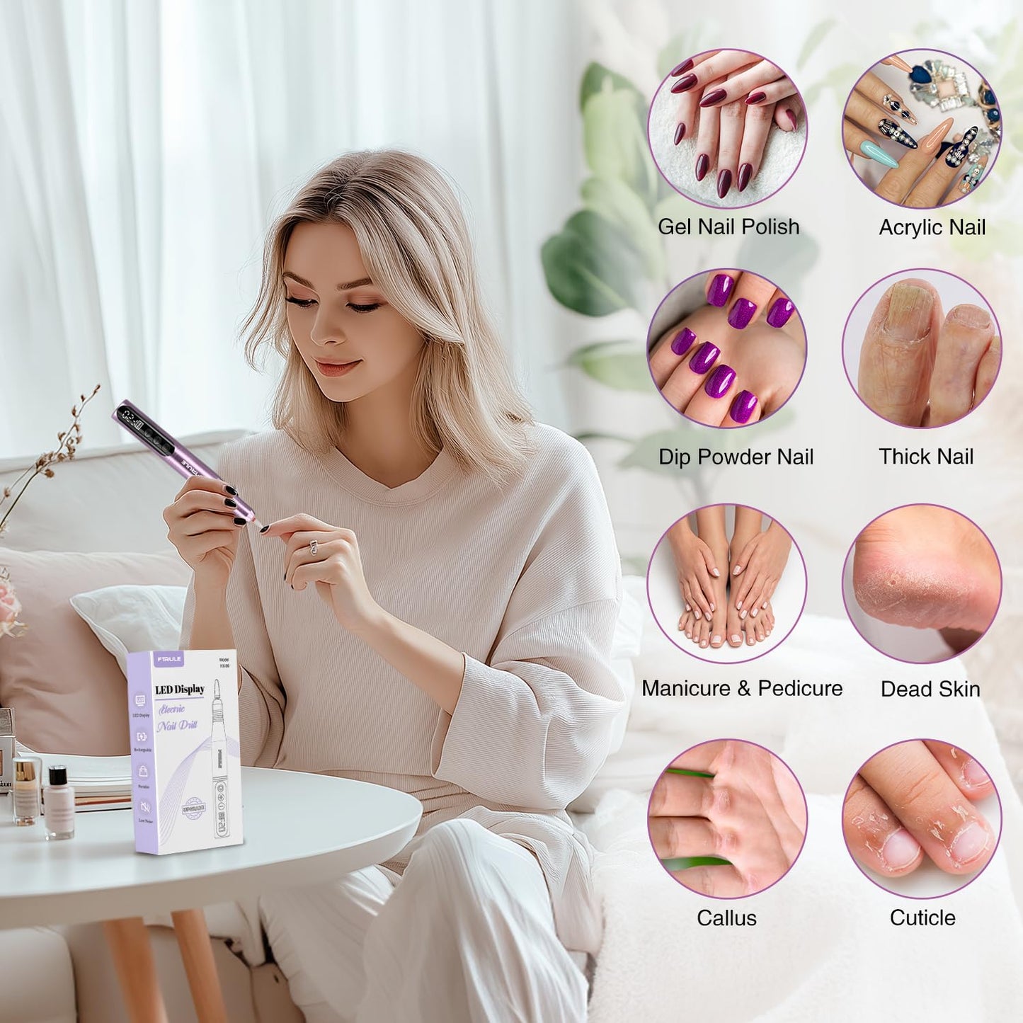 Electric Cordless Nail Drill File: LED Display Professional Portable Nail Drill for Acrylic Gel Dip Powder Nails Manicure Pedicure Kit Tool with Nail Drill Bits Sanding Bands, Purple