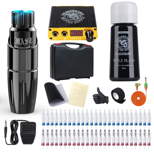 Dragonhawk Rotary Tattoo Pen Machine Kit, Mast Tour Tattoo Permanent Makeup Gun 50Pcs Cartridges Needles Power Supply Color Inks with Carry Case