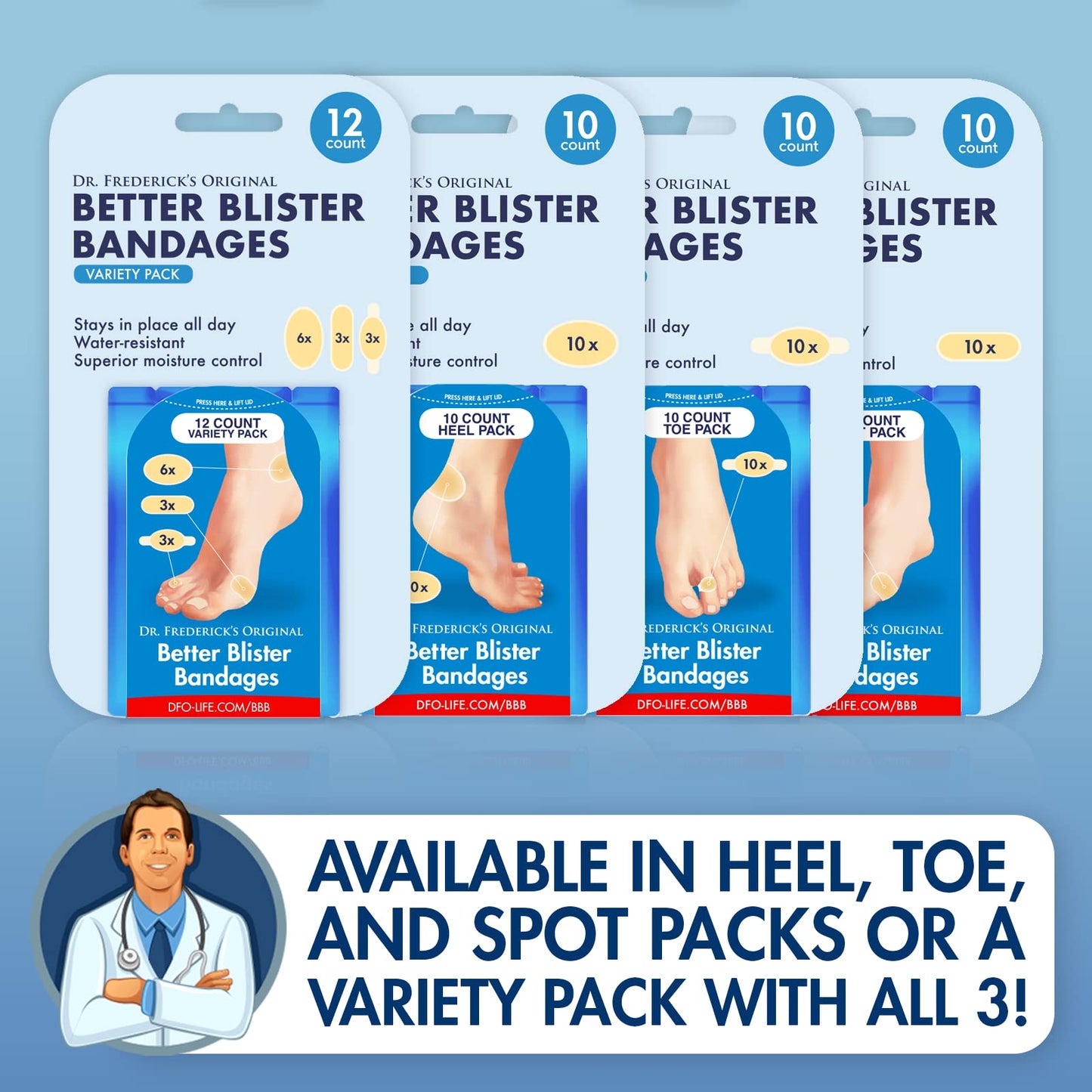 Dr. Frederick's Original Better Blister Bandages - 10 ct Spot Pack - Water Resistant Hydrocolloid Bandages for Foot Blister Prevention & Recovery - Blister Pads