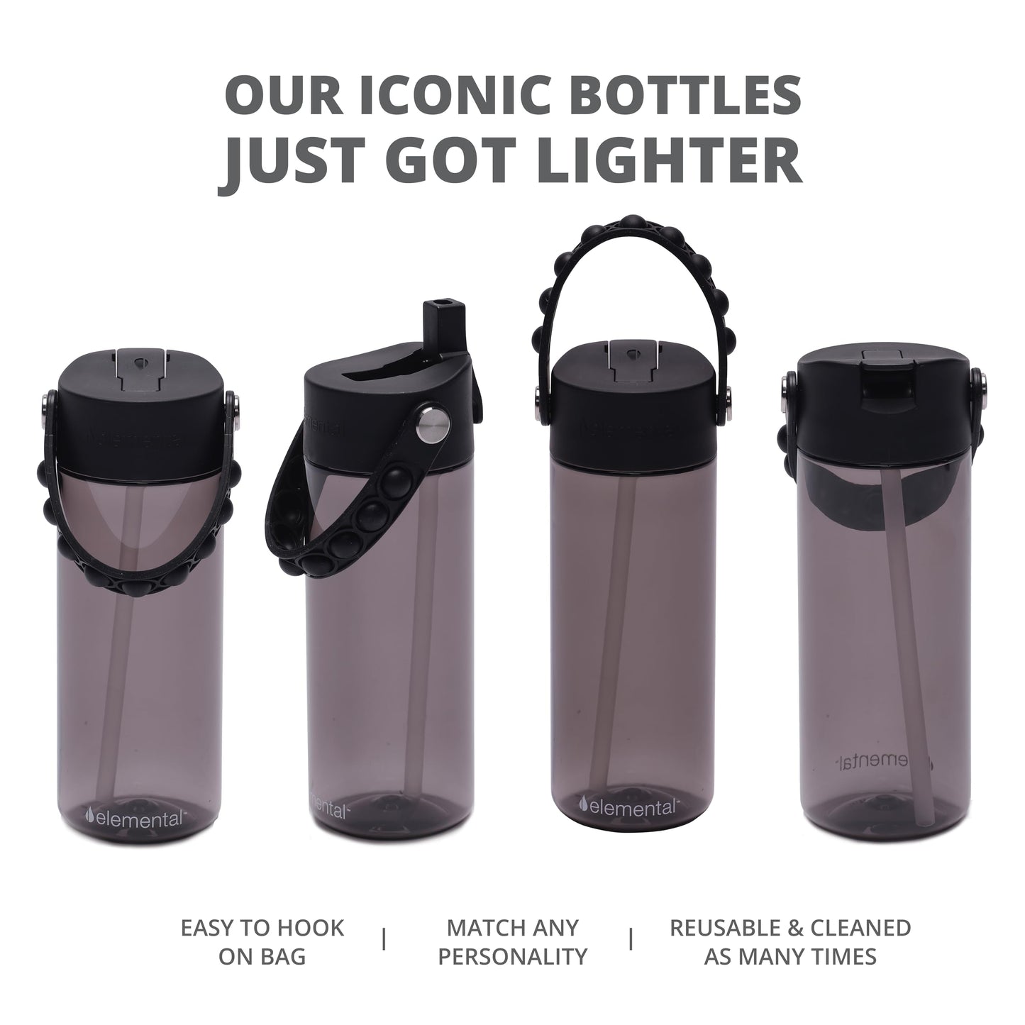 Elemental Leak Proof Water Bottles for Kids - Splash Kids Water Bottle for School with Fun Fidget Pop-it Handle - BPA Free Tritan Plastic Reusable Water Bottle with Straw - Black - 18oz