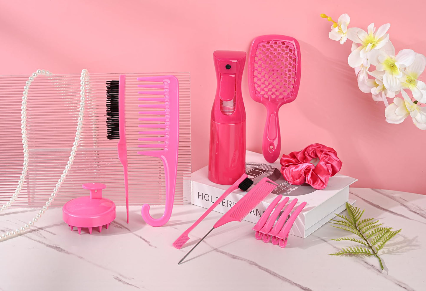 12 Pcs Hair Brush Set, 3 Pieces Slick Back Hair Brushes for Toddlers, Women, Detangling Brush for Wet Dry Curly Hair, Edge Bristles Wide Tooth Rat Tail Combs for Baby Girls (Rose Red)