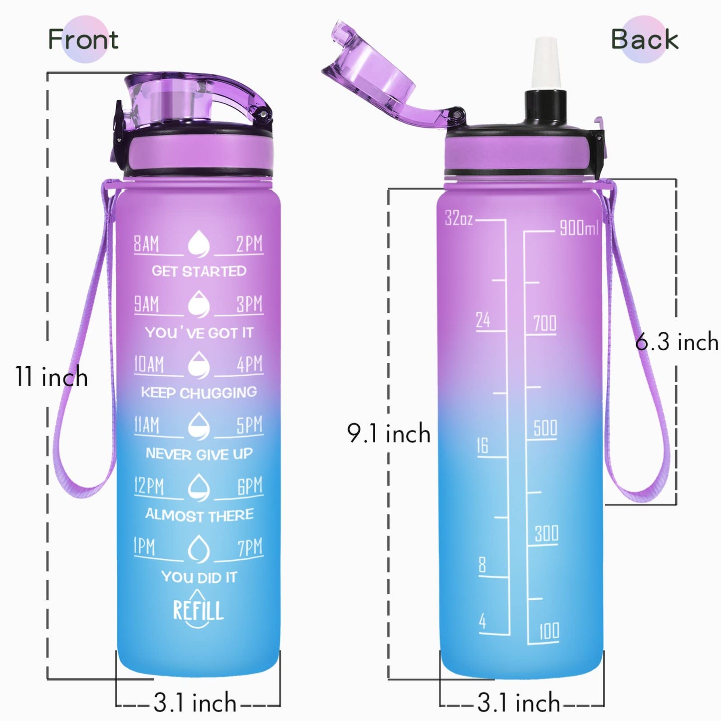 Enerbone 32 oz Water Bottle, Leakproof BPA & Toxic Free, Motivational Water Bottle with Times to Drink and Straw, Fitness Sports Water Bottle with Strap for Office, Gym, Outdoor Sports