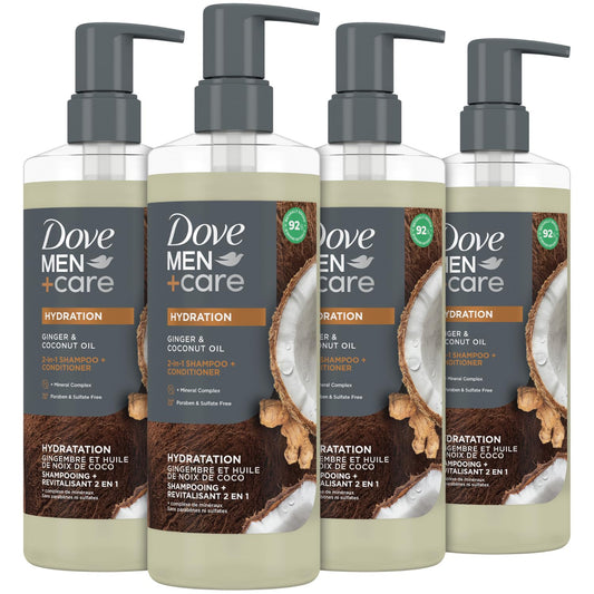 DOVE MEN + CARE 2-in-1 Shampoo & Conditioner, Ginger & Coconut Oil, Hydration – Men’s Shampoo & Conditioner, Sulfate-Free, with Biotin & Zinc for Strong, Healthy Hair, 17.5 Oz (Pack of 4)