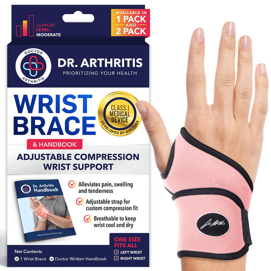 Dr. Arthritis Doctor Developed Premium Wrist Support/Strap/Wrist Brace/Hand Support Doctor Written Handbook— Wrist Injuries, Joint Disease, Sprains & More (Single, Pink)