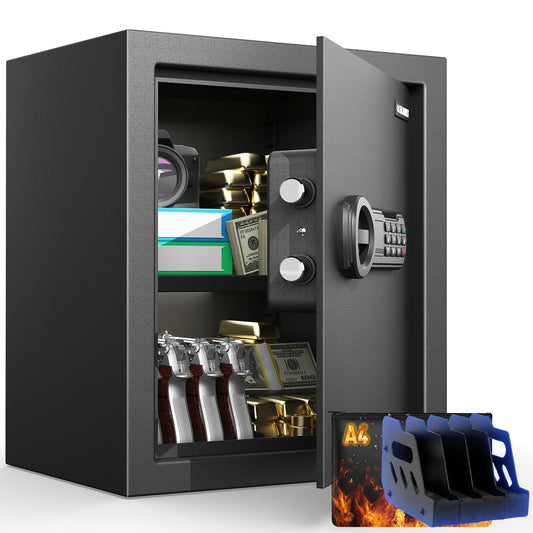 2.3 Cu.Ft. Home Safe Box with Gun Rack, Fireproof Waterproof Security Safes with Fireproof Bag, Dual Code, Adjustable Shelf, Anti-Scratch Mat & Mounting Kit, Large Safe for Pistols & Valuables