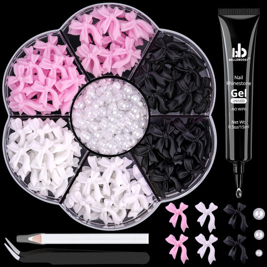 120 Pcs 3D Nail Bow Charms + 2-4mm Nail Pearls Set 10, Pink White Black Bow Nail Charms and White Flatback Pearls with Nail Charm Glue Gel(UV Needed) and Pickup Tools for Nail Art Decoration