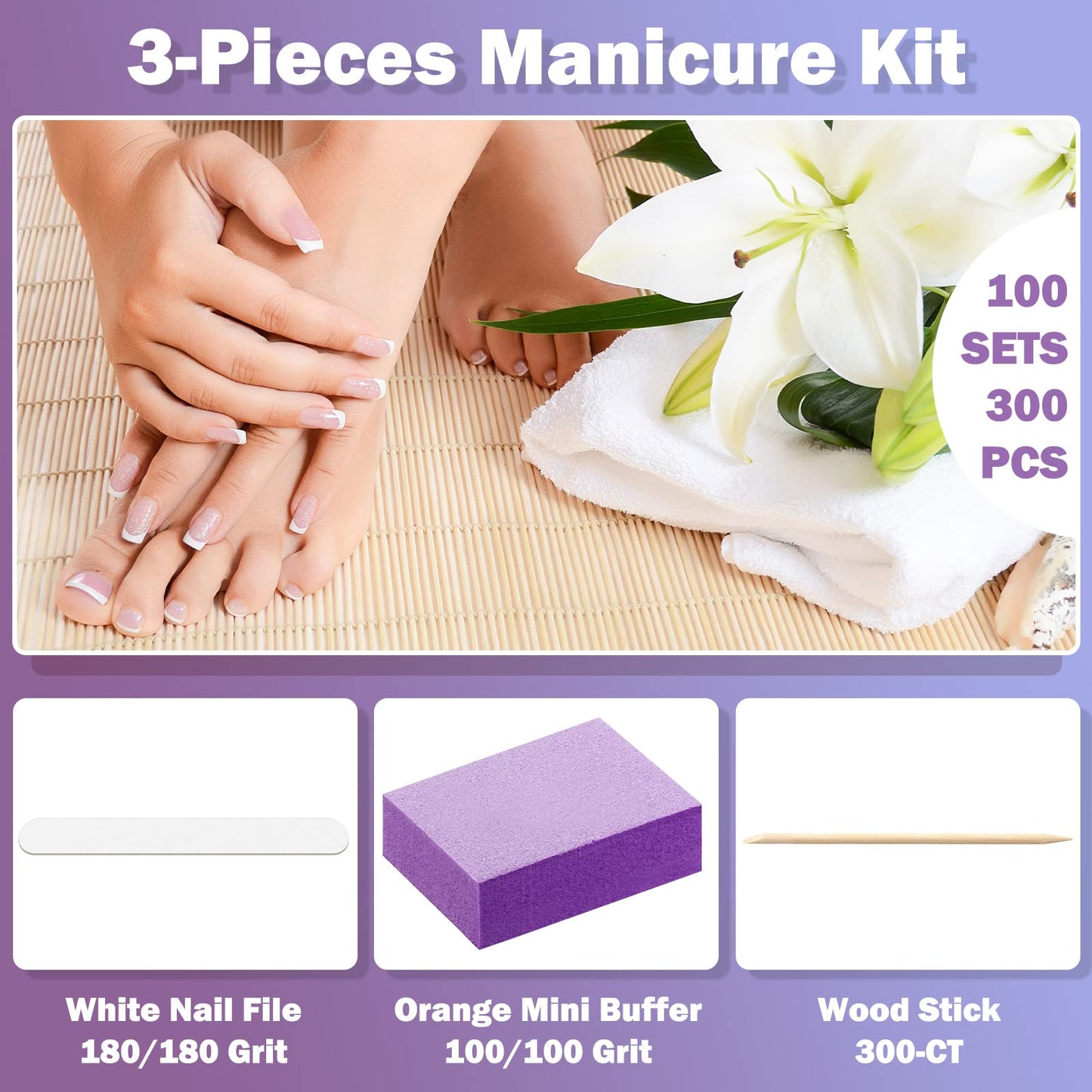 120 Sets Disposable Manicure Kit Basics 3 Pieces Nail Kit, White Wood Nail File 180/180 Grit, Orange Mini Buffer 100/180 Grit, Individually Packed Mini Pedicure Set for Fingernails Toenails