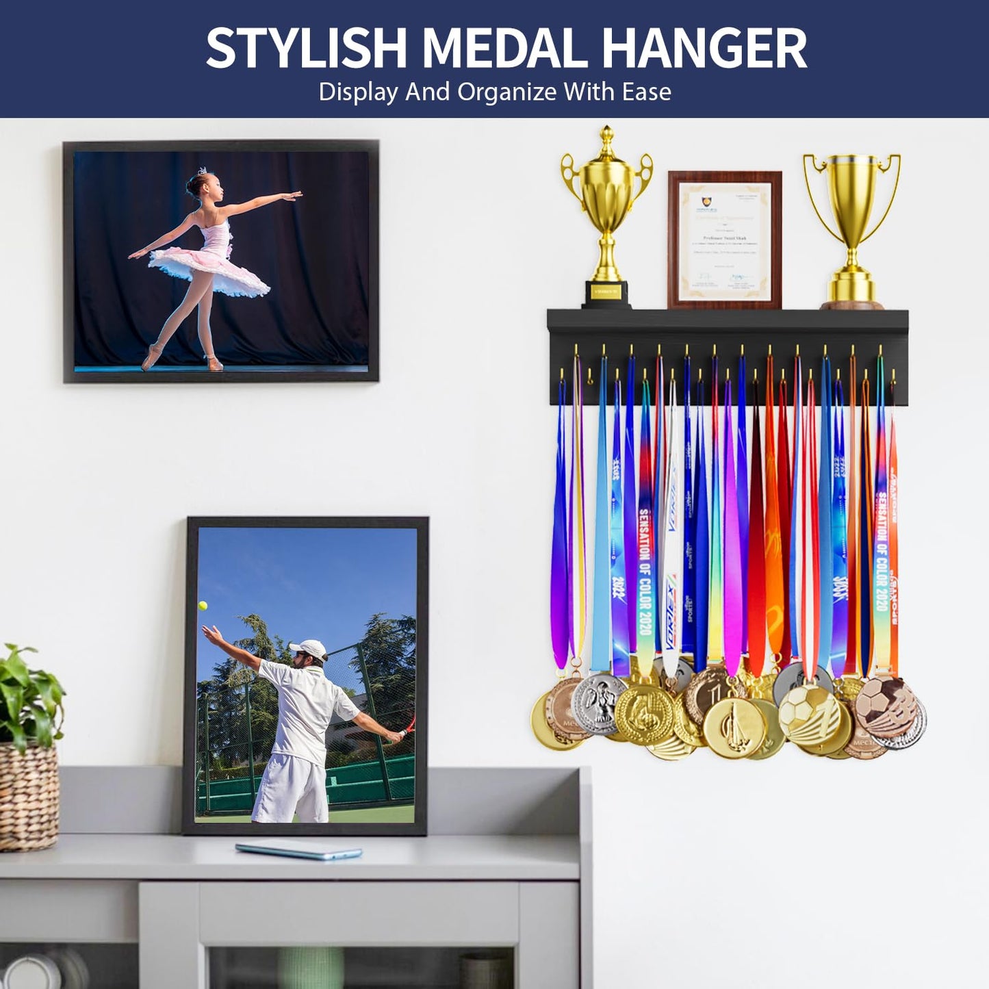 DSVENROLY Medal Holder Display Trophy Shelf Organizer,Sturdy Wooden Medal Trophy Hanger Rack with 25 Steel Hooks, Wall Mount Medal Hanger for Race Medals Trophies(2Pc, Retro Grey)