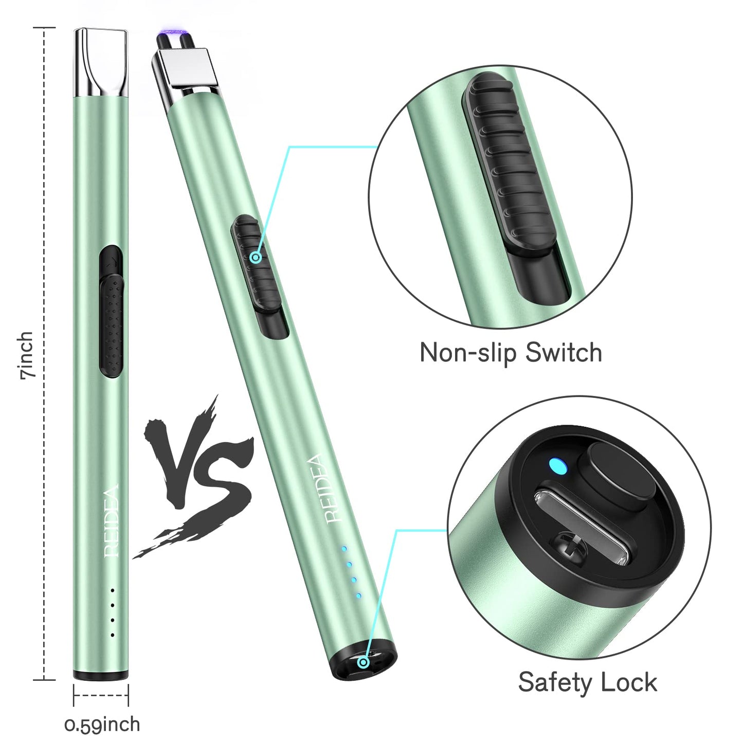 Electric Lighter 2 Pack REIDEA S4 Pro USB Rechargeable Safety Lock with LED Battery Indicator Flameless Windproof Arc Plasma Lighter for Candle, Fireworks (Mint Green)